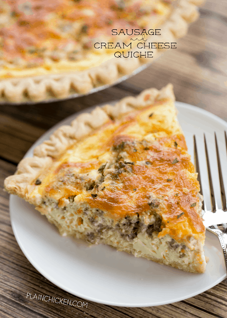 Sausage and Cream Cheese Quiche - so quick and easy. Everyone LOVED this recipe!! Can make ahead and freeze for later. Pie crust, sausage, cream cheese, cheddar cheese, heavy cream, eggs, sour cream and pepper. Ready to eat in an hour. Great for breakfast, lunch or dinner. THE BEST!