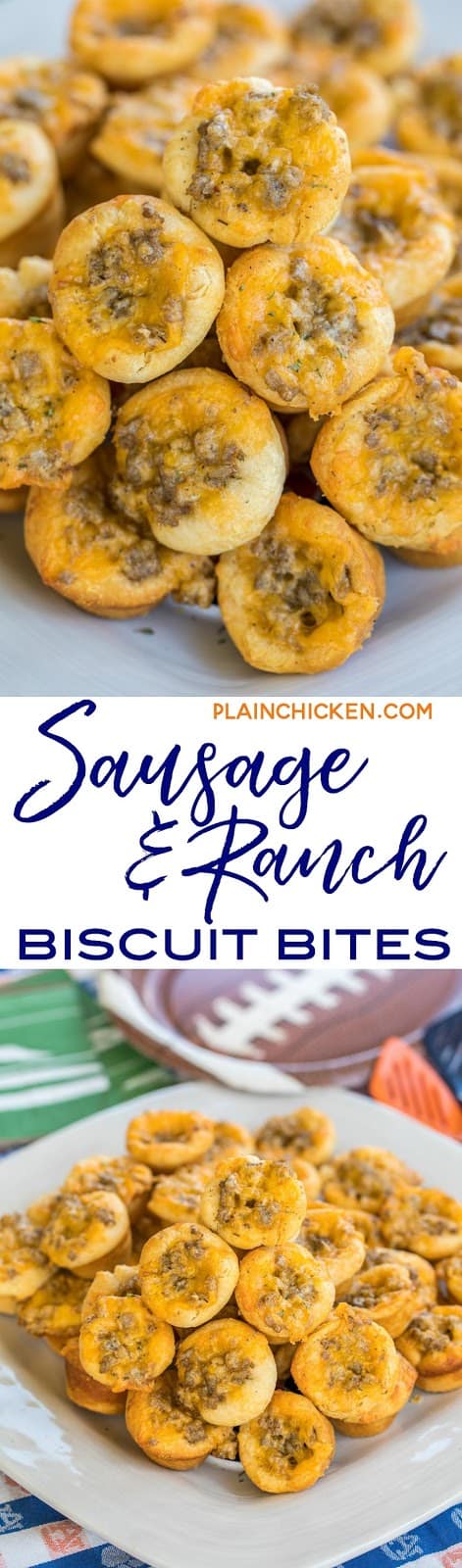 Sausage and Ranch Biscuit Bites - so GOOD! I'm totally addicted to these things! Sausage, ranch dressing, and cheddar cheese baked in biscuits. Can make the sausage mixture ahead of time and refrigerate until ready to bake. Great for tailgating, breakfast and parties! Everyone loves this recipe! #tailgating #tailgatingrecipe #appetizersforacrowd #appetizerrecipe #sausagerecipe #breakfastrecipe #breakfast #partyfood #appetizers #tailgating #ranchdressing