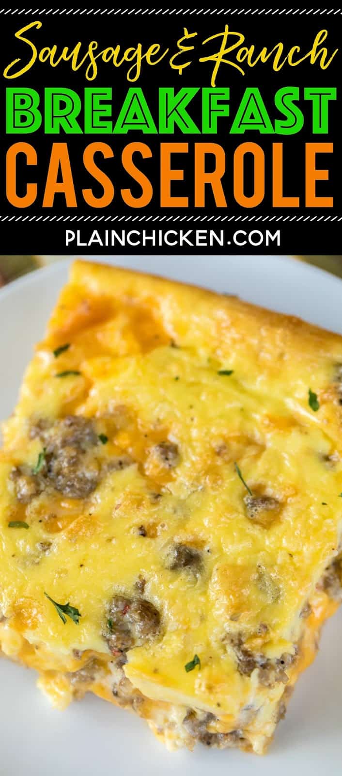 Sausage and Ranch Breakfast Casserole Recipe - CRAZY good!! Crescent rolls topped with eggs, milk, cheddar, sausage and ranch. Ready to eat in about 30 minutes. Great for potlucks, brunch, breakfast, lunch, dinner and tailgates!! Everyone RAVES about this easy breakfast casserole recipe!!! #breakfastrecipe #breakfastcasserole #sausagerecipe #casserole #casserolerecipe