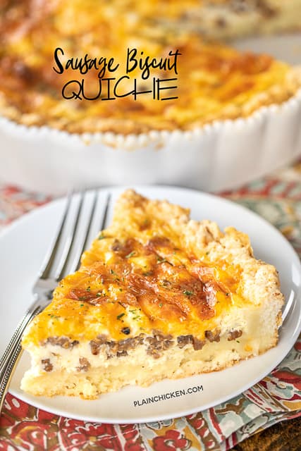 Sausage Biscuit Quiche - our FAVORITE quiche! The crust is made out of homemade biscuit dough. It is like a big open faced sausage, egg and cheese biscuit. SO good!!! Self-Rising flour, butter, buttermilk, sausage, cheese, eggs, half-and-half and sour cream. Great for breakfast, lunch or dinner. Everyone LOVES this yummy casserole!!! #quiche #breakfast #biscuit