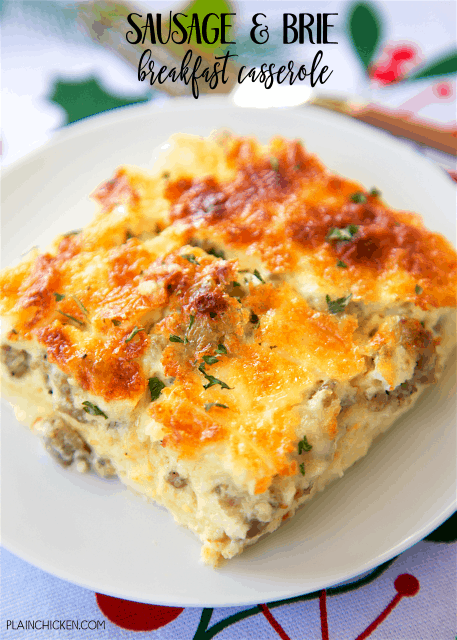 Sausage and Brie Breakfast Casserole - SO amazing! Make this the night before and bake in the morning. Sausage, brie, parmesan, white bread, eggs, whipping cream, milk, dry mustard, salt. This is our favorite breakfast casserole. A MUST for Christmas morning!