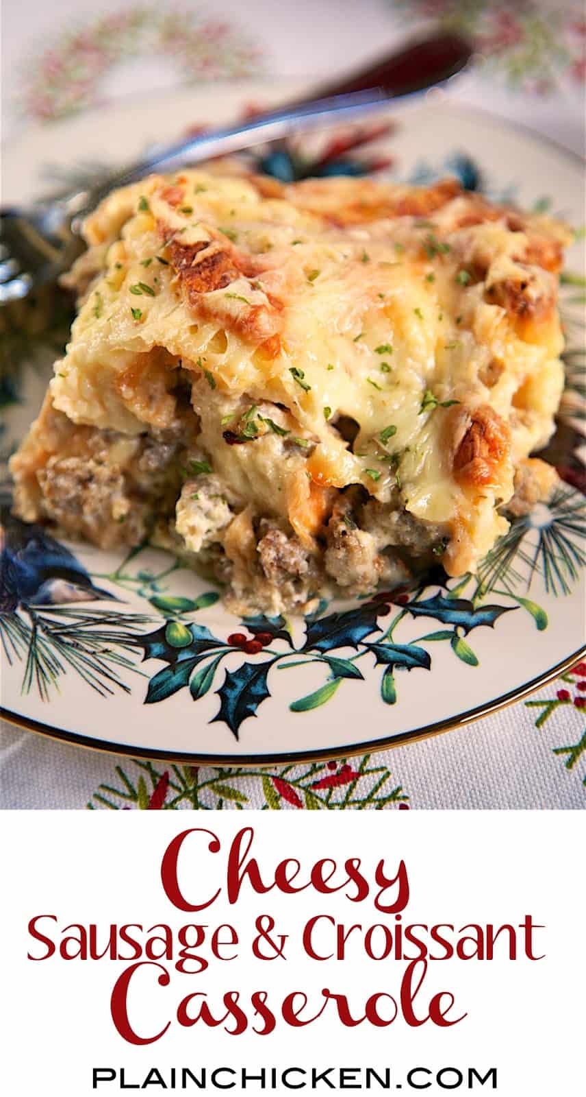 Overnight Cheesy Sausage and Croissant Casserole - buttery croissants, sausage, eggs, heavy cream and gruyere cheese - make and refrigerate overnight. SO delicious!! Great casserole recipe for Christmas morning!