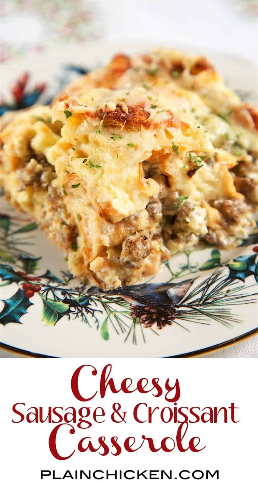 Overnight Cheesy Sausage and Croissant Casserole - buttery croissants, sausage, eggs, heavy cream and gruyere cheese - make and refrigerate overnight. SO delicious!! Great casserole recipe for Christmas morning!