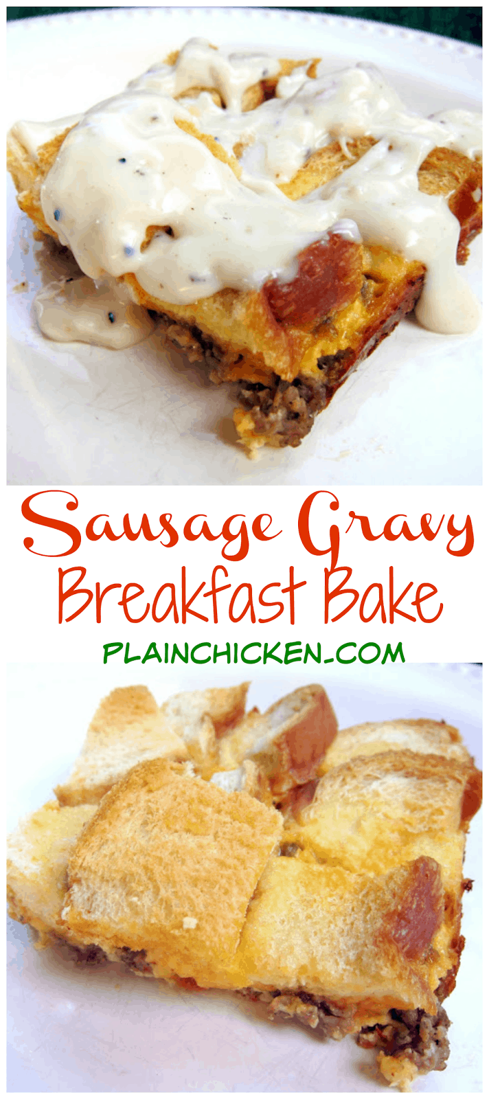 Sausage Gravy Breakfast Bake - sausage, cheese, eggs, bread and gravy - quick breakfast bake with crispy bread on top and drizzled with sausage gravy - SOOO good! We like to eat this for breakfast and dinner.