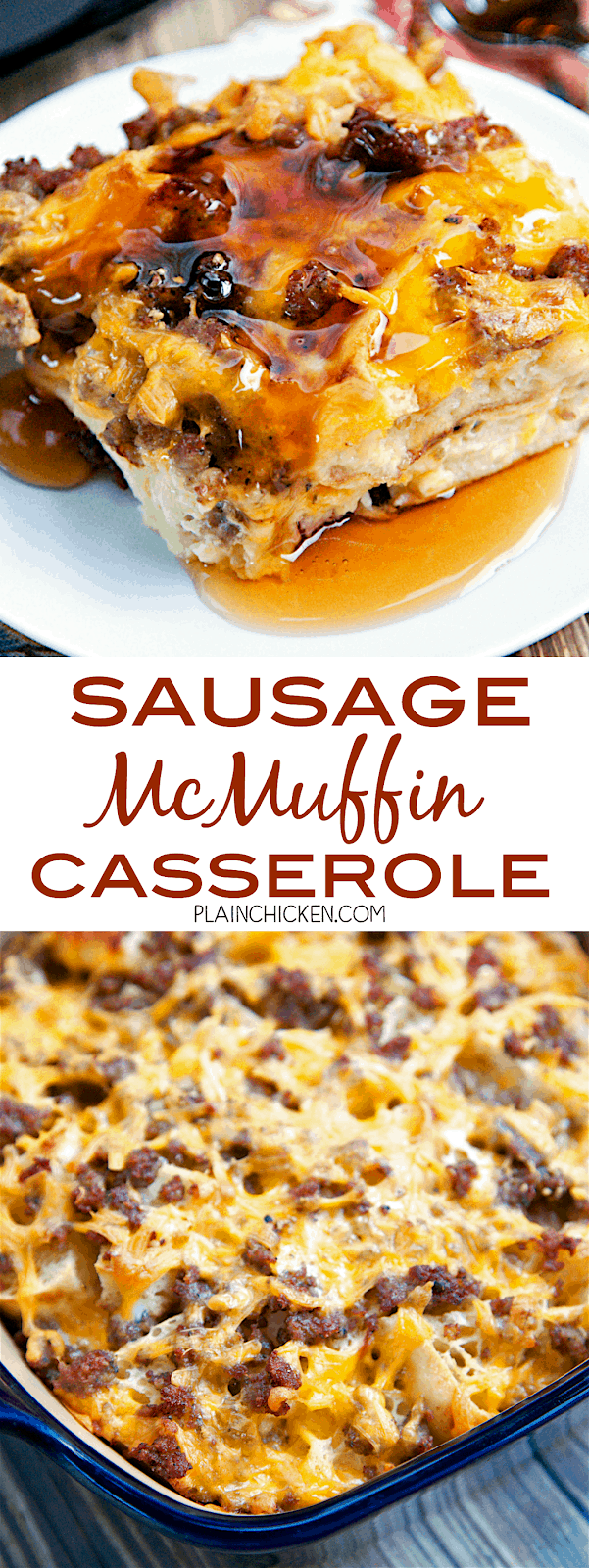 Sausage McMuffin Casserole - Chopped English muffins, sausage, cheese, eggs and milk. Can make a day ahead of time and bake for breakfast, lunch or dinner. All the flavors of a Sausage McMuffin from Mc Donald's in a yummy breakfast casserole. Serve with maple syrup!