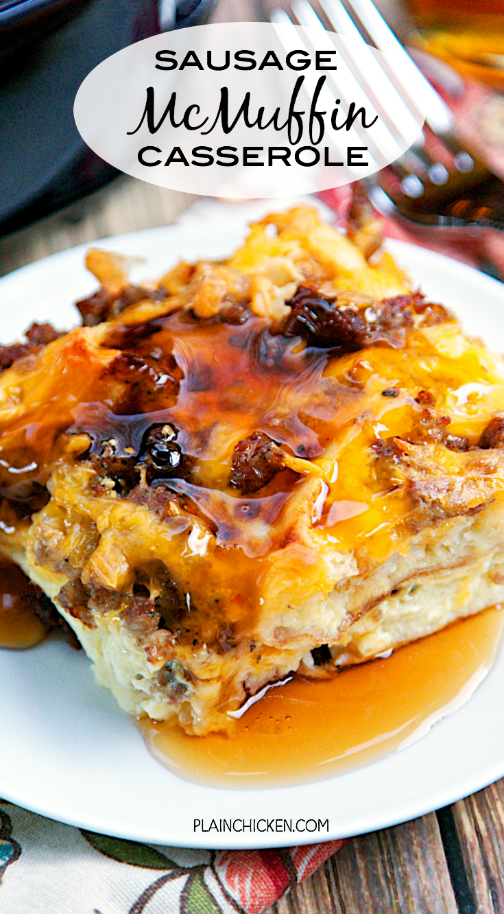 Sausage McMuffin Casserole - Chopped English muffins, sausage, cheese, eggs and milk. Can make a day ahead of time and bake for breakfast, lunch or dinner. All the flavors of a Sausage McMuffin from Mc Donald's in a yummy breakfast casserole. Serve with maple syrup!