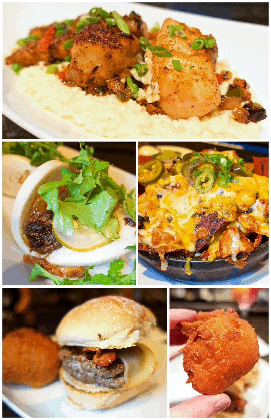 The food at Nineteen at TPC Sawgrass in Ponte Vedra, FL - grouper and rice grits, beef sliders, duck steam buns and the best nachos ever!