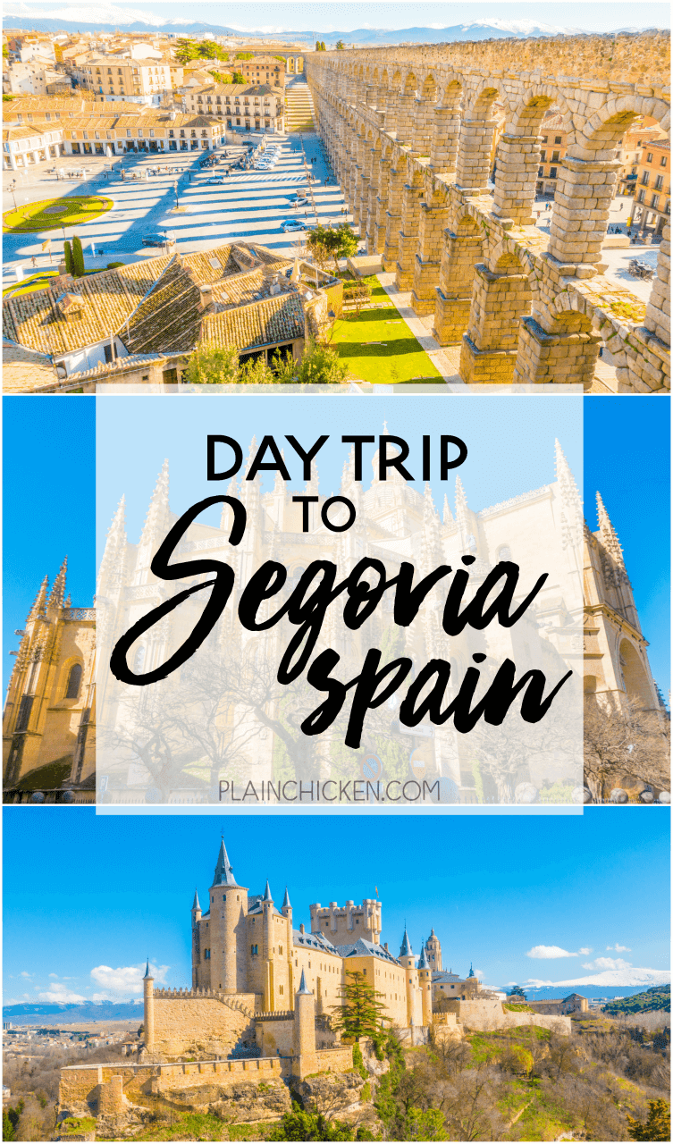 Segovia, Spain - a great day trip from Madrid. The Roman Aqueduct is not to be missed. Make sure to stay until sunset to see the shadows! The Cathedral of Segovia is beautiful and the Alcazar of Segovia was an inspiration for Cinderella's Castle! A must on your trip to Spain!