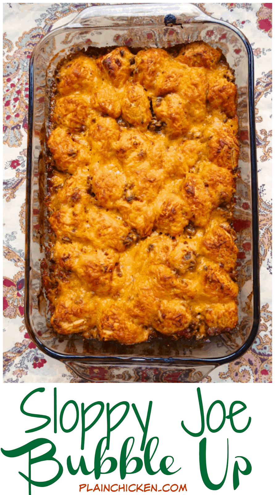 Sloppy Joe Bubble Up - homemade sloppy joe mixture tossed with chopped refrigerated biscuits and topped with cheese. Great twist to your usual sloppy joes. Tastes great! Even picky eaters like this casserole!!