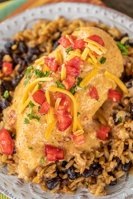 Slow Cooker Taco Chicken Chicken - a weeknight family favorite!! Only 6 ingredients! Chicken, cream cheese, cream of chicken soup, chicken broth, taco seasoning and Rotel diced tomatoes and green chiles. Serve over Mexican rice and black beans, pasta, grits, rice or potatoes. Everyone cleaned their plate and asked for seconds! That never happens!!! This recipe is a keeper! #slowcooker #chicken #weeknightdinner #mexican #mexicanchicken #crockpot
