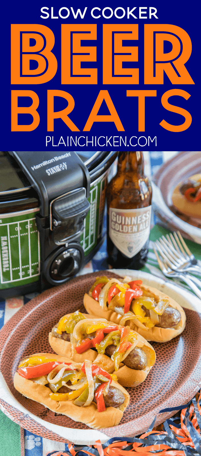 Slow Cooker Beer Brats - perfect tailgating food! Just toss everything in the slow cooker and let it work its magic. Can serve out of the slow cooker too! SO easy and the brats taste amazing!! Brats, beer, onion, bell peppers, salt, pepper, Worcestershire and garlic. A real crowd pleaser!