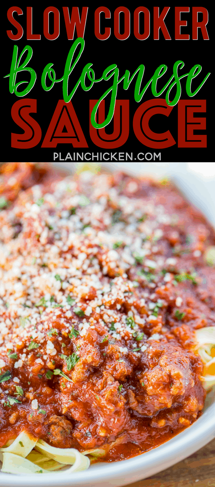 THE BEST Slow Cooker Bolognese Sauce - Italian sausage, garlic crushed tomatoes, tomato paste, and spices cook all day in the crock-pot. Hands-down THE BEST spaghetti sauce EVER! Everyone raves about this sauce. We make this all the time. Freeze leftovers for a quick meal later!