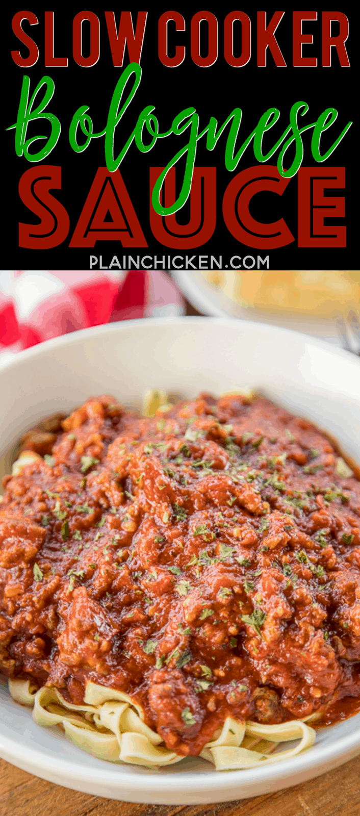 THE BEST Slow Cooker Bolognese Sauce - Italian sausage, garlic crushed tomatoes, tomato paste, and spices cook all day in the crock-pot. Hands-down THE BEST spaghetti sauce EVER! Everyone raves about this sauce. We make this all the time. Freeze leftovers for a quick meal later!