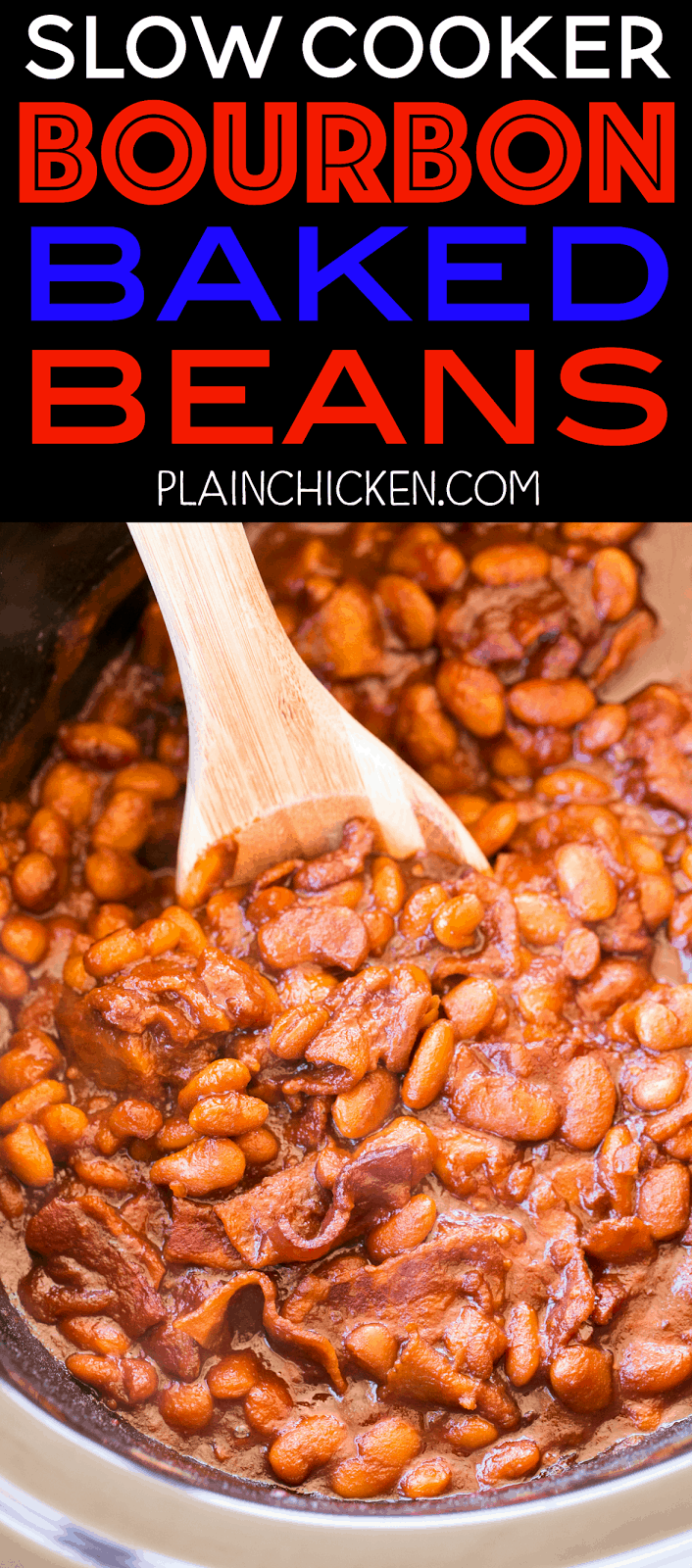 Slow Cooker Bourbon Baked Beans - seriously delicious! We love these easy baked beans! Great for potlucks and cookouts. Just dump everything in the slow cooker and let it work its magic! Northern beans, bourbon, tomato paste, molasses, mustard, Worcestershire, onion, garlic, bacon. Everyone RAVED about these beans and asked for the recipe. You can't go wrong with this easy slow cooker side dish recipe.