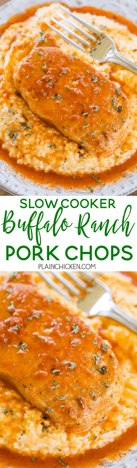 Slow Cooker Buffalo Ranch Pork Chops - only 3 ingredients! These are some of the best pork chops we've ever eaten! So simple and SOOOO good!!!! Everyone cleaned their plate! Great for watching football! Serve over cheddar ranch grits! TO-DIE-FOR! YUM!