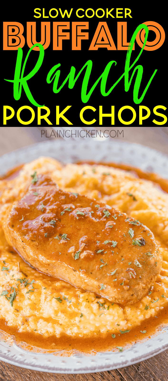 Slow Cooker Buffalo Ranch Pork Chops - only 3 ingredients! These are some of the best pork chops we've ever eaten! So simple and SOOOO good!!!! Everyone cleaned their plate! Great for watching football! Serve over cheddar ranch grits! TO-DIE-FOR! YUM!