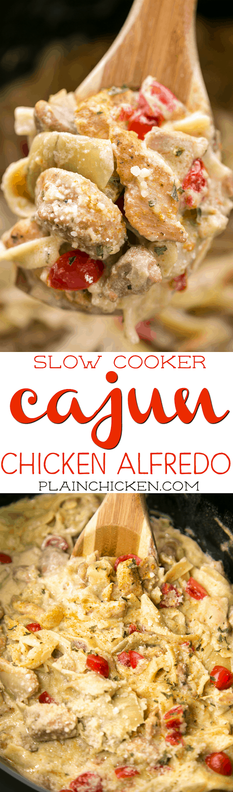 Slow Cooker Cajun Chicken Alfredo - everything cooks in the slow cooker, even the pasta! This is AMAZING!!! Chicken thighs, artichoke hearts, alfredo sauce, chicken broth, egg noodles, parmesan cheese and tomatoes. Everyone cleaned their plates! Definitely going into the rotation!