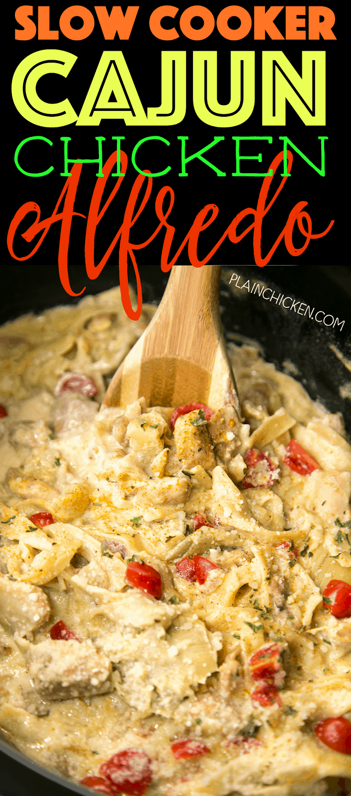 Slow Cooker Cajun Chicken Alfredo - everything cooks in the slow cooker, even the pasta! This is AMAZING!!! Chicken thighs, artichoke hearts, alfredo sauce, chicken broth, egg noodles, parmesan cheese and tomatoes. Everyone cleaned their plates! Definitely going into the rotation!