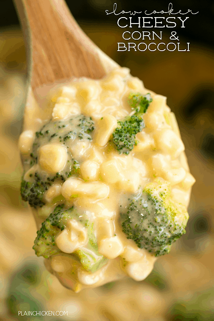 Slow Cooker Cheesy Corn and Broccoli - our favorite side dish! Corn, broccoli, Velveeta, cheddar cheese, cream of chicken soup and milk. Just throw everything in the slow cooker and let it work its magic. Can add ham to the slow cooker and make this a main dish. Everyone LOVES this cheesy side dish!!!
