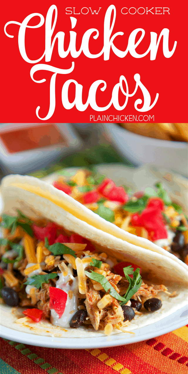 Slow Cooker Chicken Tacos - only 5 ingredients! chicken, salsa, taco seasoning, corn and black beans. Great in taco shells or on top of a salad. We ate this two days in a row! Such a great quick and easy Mexican recipe! The whole family loved it!