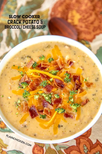 Slow Cooker Crack Potato and Broccoli Cheese Soup - this soup should come with a warning label! SO good! LOADED with cheddar, bacon and ranch!! Everyone went back for seconds! Potatoes, cream of broccoli cheese soup, broccoli, cream cheese, chicken broth, cheddar, bacon and ranch. So simple to make. Just dump everything in the slow cooker and dinner is done! #crockpot #slowcooker #bacon #soup #broccolicheese #potatoes