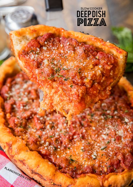Slow Cooker Deep Dish Pizza - seriously delicious! Fresh pizza dough topped with mozzarella, homemade meat sauce and your favorite toppings. You'll be amazed at how easy it is to put together and how delicious it comes out #pizza #chicagostylepizza #deepdishpizza #slowcooker