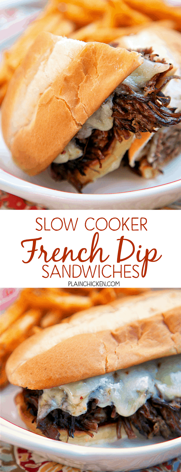 Slow Cooker French Dip Sandwiches - slow cook chuck roast in a mixture of soy sauce, beef broth, onion, garlic, rosemary, thyme and pepper. Serve on toast buns with melted pepper jack cheese. These sandwiches are SO good! I think they are the PERFECT French Dip Sandwiches!