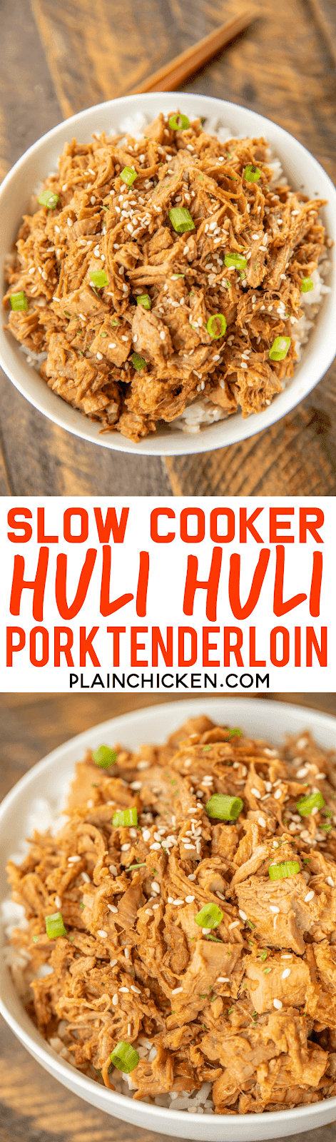 Slow Cooker Huli Huli Pork Tenderloin - DANGEROUSLY good!!! Pork tenderloin slow cooked in brown sugar, soy sauce, ketchup, sherry, ginger, and garlic. We ate this twice in one week. It was seriously delicious!! Serve over rice, potatoes or noodles. Also great on top of a salad or nachos! #slowcooker #pork #dinner
