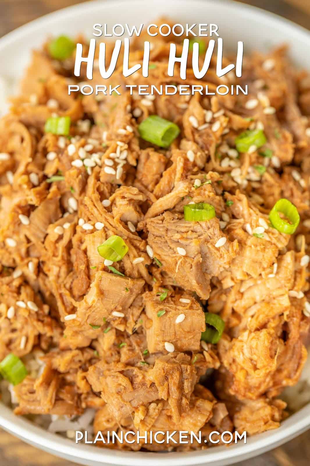 Slow Cooker Huli Huli Pork Tenderloin - DANGEROUSLY good!!! Pork tenderloin slow cooked in brown sugar, soy sauce, ketchup, sherry, ginger, and garlic. We ate this twice in one week. It was seriously delicious!! Serve over rice, potatoes or noodles. Also great on top of a salad or nachos! #slowcooker #pork #dinner
