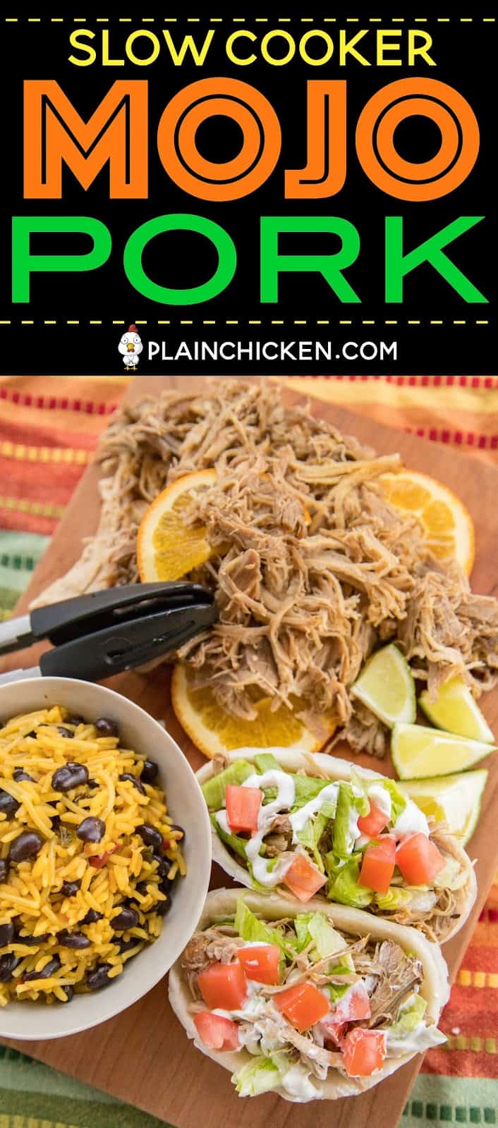 Slow Cooker MOJO Pork - pork shoulder slow cooked in garlic, cumin, oregano, orange juice and lime juice. SO good!!! Serve in tortillas or a bowl with rice, beans and your favorite taco toppings. Freeze the leftover pork for a quick meal later!! So much amazing flavor in this easy dinner! #slowcooker #pork #tacos