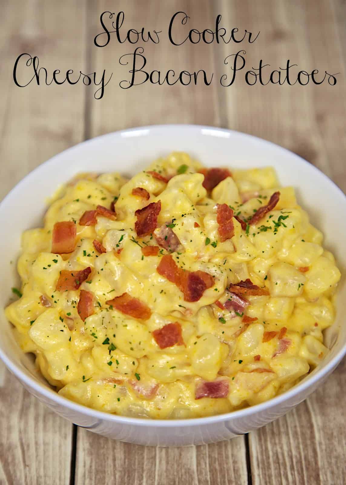Slow Cooker Cheesy Bacon Potatoes Recipe - frozen hash browns, cheese, bacon slow cook all day for a delicious side dish!