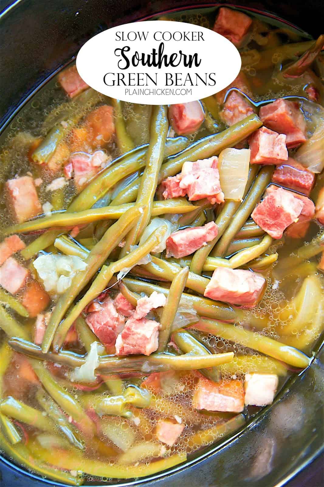 Slow Cooker Southern Green Beans - THE BEST green beans EVER! Only 5 ingredients - fresh green beans, ham, onion, cider vinegar, chicken broth. Dump everything in the slow cooker at it does all the work. Great for holiday meals! We make these all the time!!