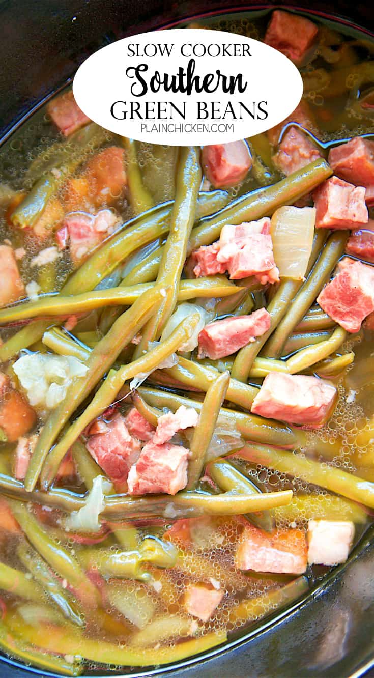 Slow Cooker Southern Green Beans - THE BEST green beans EVER! Only 5 ingredients - fresh green beans, ham, onion, cider vinegar, chicken broth. Dump everything in the slow cooker at it does all the work. Great for holiday meals! We make these all the time!!