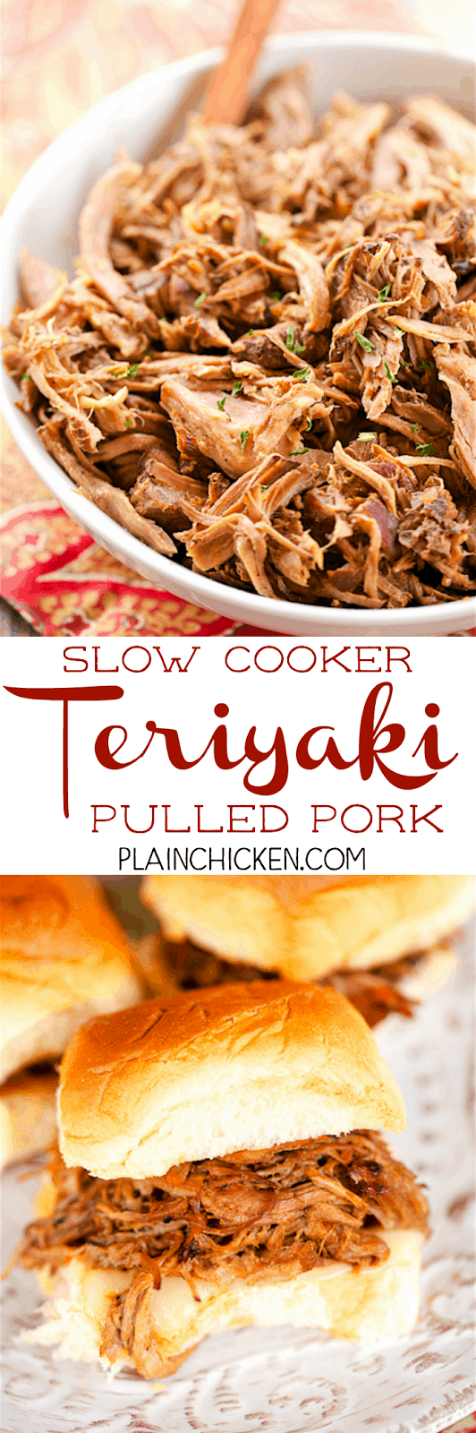 Slow Cooker Teriyaki Pulled Pork - THE BEST pulled pork!! Pork shoulder slow cooked with onions, worcestershire sauce, teriyaki sauce and water. I ate this for a week! SO good!! Serve on Hawaiian Rolls with provolone cheese for parties. Can assemble ahead of time and reheat when ready to serve.