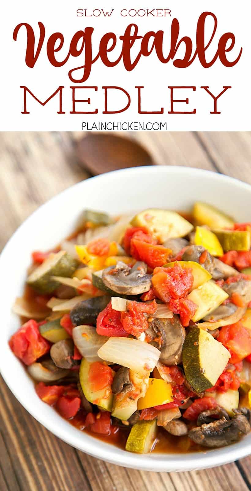 Slow Cooker Vegetable Medley - seriously delicious!! Onion, bell pepper, zucchini, tomatoes, mushrooms, garlic, oregano and pepper. Slow cook all day. Great as a side dish or over pasta!