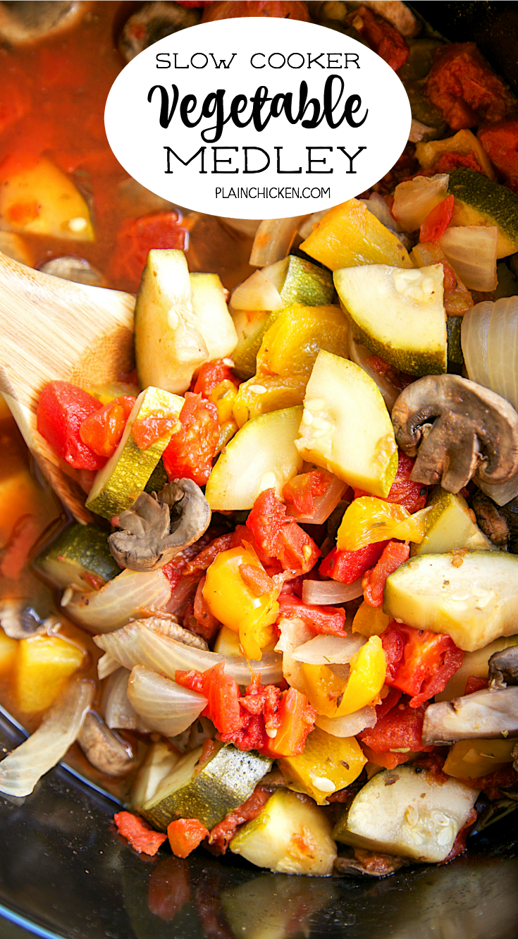 Slow Cooker Vegetable Medley - seriously delicious!! Onion, bell pepper, zucchini, tomatoes, mushrooms, garlic, oregano and pepper. Slow cook all day. Great as a side dish or over pasta!