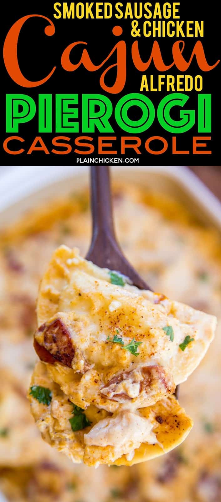 Smoked Sausage & Chicken Cajun Alfredo Pierogi Casserole - this is AMAZING!!! Super easy to make and everyone RAVES about it. Only 6 ingredients - smoked sausage, chicken, Alfredo sauce, cajun seasoning, pieorgies and parmesan cheese. Can make ahead of time and refrigerate or freeze for later. Perfect for any Mardi Gras celebrations! #casserole #mardigras #cajun #freezermeal #chickencasserole