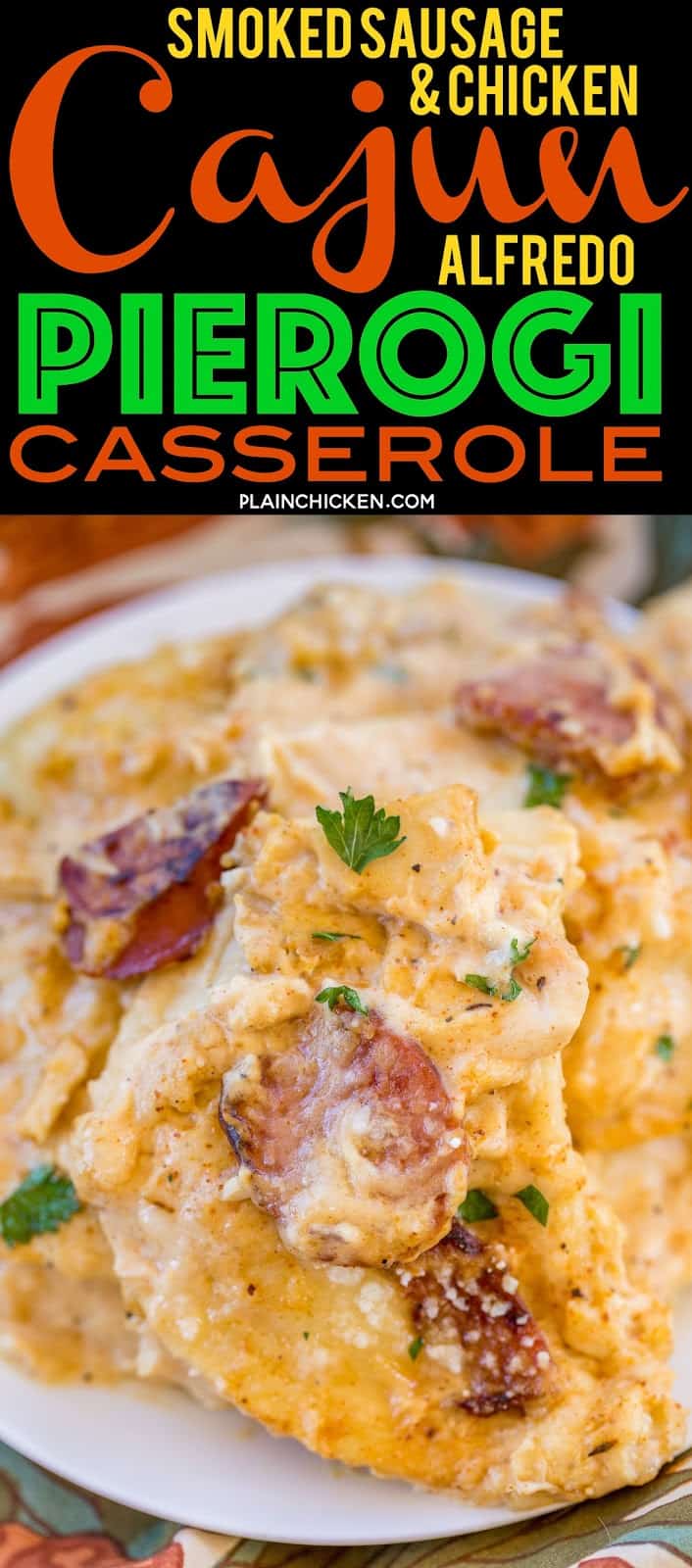 Smoked Sausage & Chicken Cajun Alfredo Pierogi Casserole - this is AMAZING!!! Super easy to make and everyone RAVES about it. Only 6 ingredients - smoked sausage, chicken, Alfredo sauce, cajun seasoning, pieorgies and parmesan cheese. Can make ahead of time and refrigerate or freeze for later. Perfect for any Mardi Gras celebrations! #casserole #mardigras #cajun #freezermeal #chickencasserole