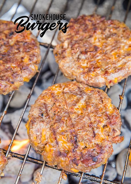 Smokehouse Burgers - THE BEST burgers EVER!! Ground beef and sausage loaded with cheddar cheese, bacon, ranch, bbq sauce and french fried onions. Perfection!!! Can make ahead of time and freeze for later. Made these for a cookout and everyone asked for the recipe! Our #1 burger recipe!! You need to make this ASAP! #grilling #burgers #beef 