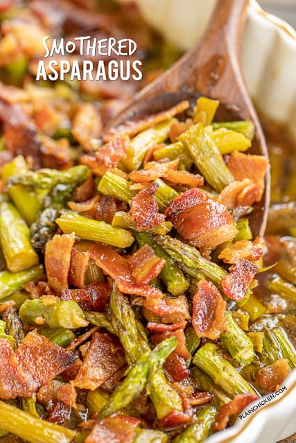 Smothered Asparagus - SO good! Only 6 ingredients!! Fresh asparagus baked in bacon, brown sugar, butter, soy sauce and garlic. This is the most requested asparagus recipe in our house.Everybody gets seconds. SO good!! Great for a potluck and the holidays. Everyone asks for the recipe! Super easy to make. #casserole #asparagus #vegetables #bacon #bakedasparagus