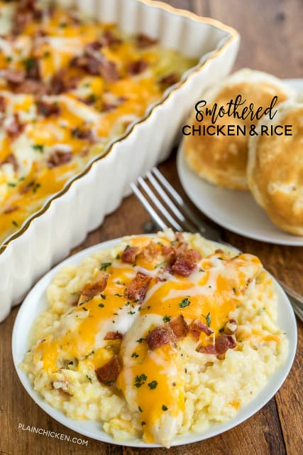 Smothered Chicken and Rice recipe - seriously delicious! Everyone cleaned their plate and asked for seconds! That never happens at our house!!! Chicken and rice baked in cream of chicken soup, milk, cheddar, mozzarella and bacon. Ready to bake in a snap and on the table in 30 minutes. We make this at least once a month!! SO GOOD!! #chickenrecipe #easychickenrecipes #chickenandrice #casserolerecipe #30minutedinnerrecipe