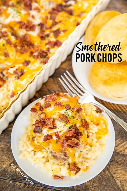Smothered Pork Chops recipe - seriously delicious! Everyone cleaned their plate and asked for seconds! That never happens at our house!!! Pork Chops and rice baked in cream of chicken soup, milk, cheddar, mozzarella and bacon. Ready to bake in a snap and on the table in 30 minutes. We make this at least once a month!! SO GOOD!! #porkchops #casserole #dinner