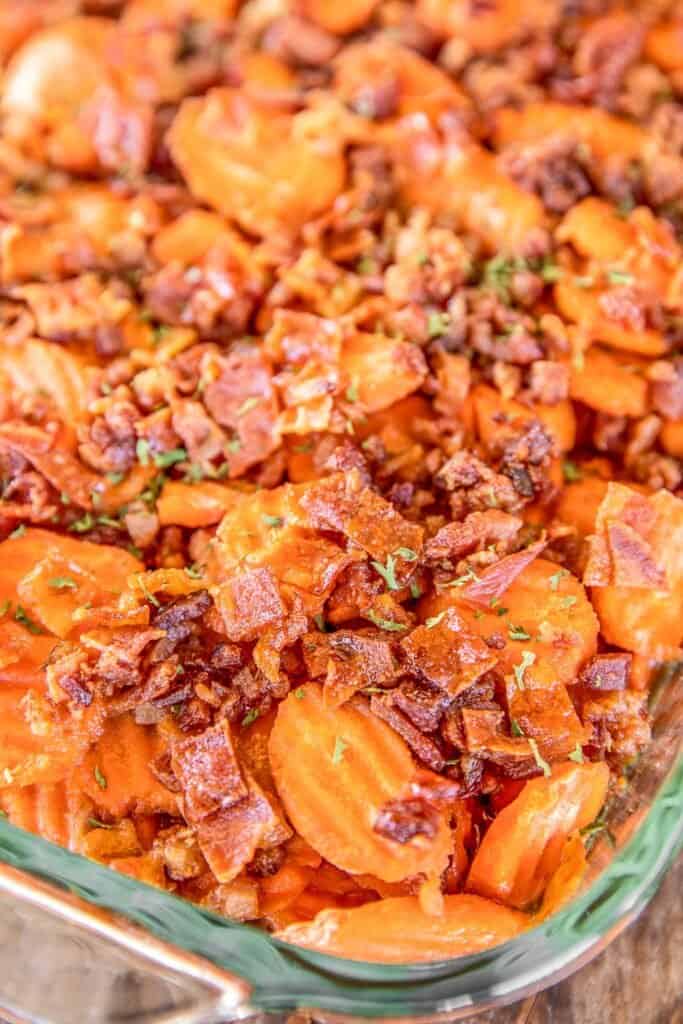 baking dish of bacon smothered carrots