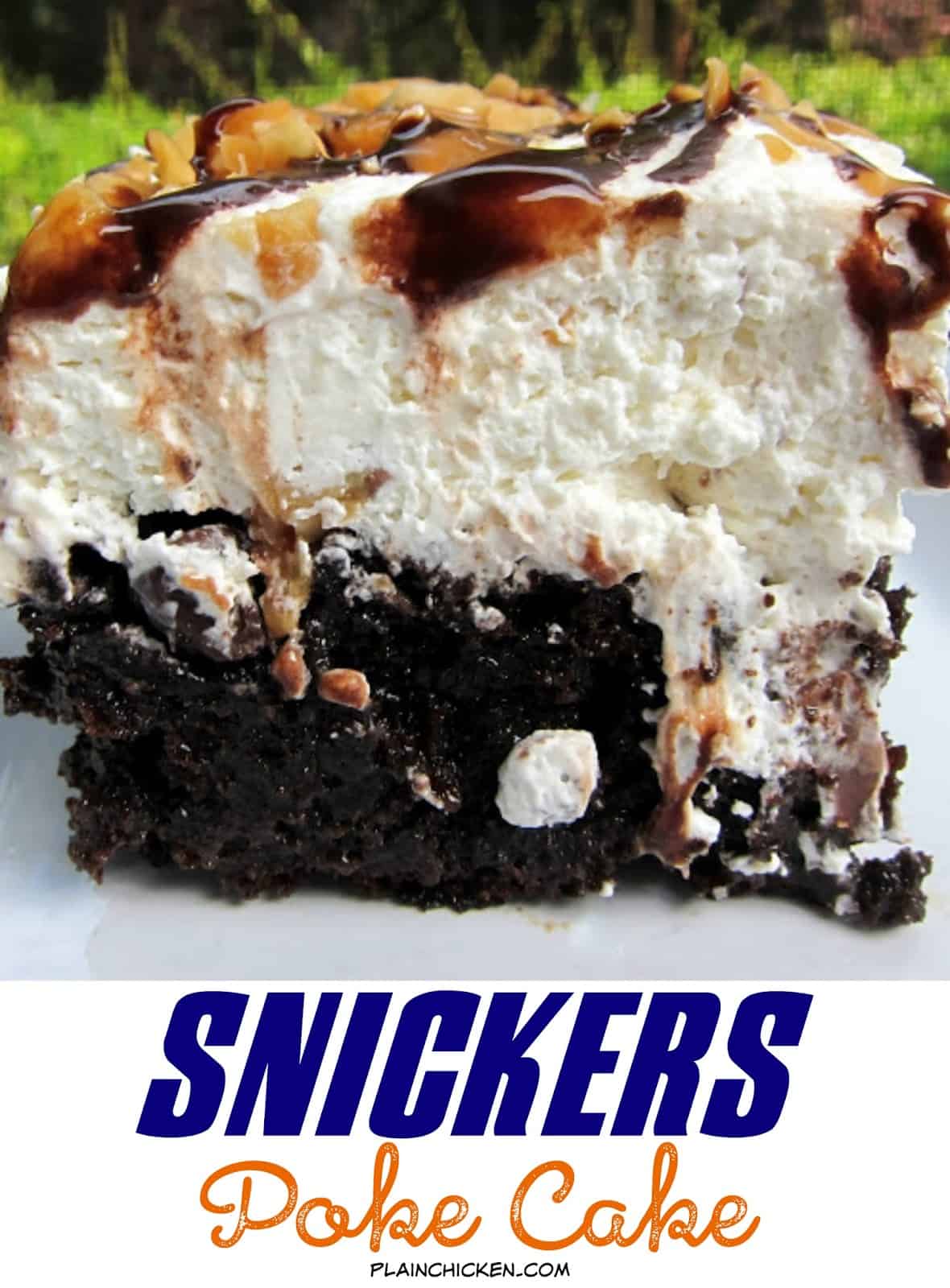 Snickers Poke Cake Recipe - chocolate cake, caramel, whipped cream, peanuts and chocolate sauce - OMG! There is NEVER any left! People go nuts over this cake!!