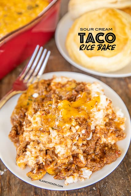 taco rice casserole on a plate with biscuits