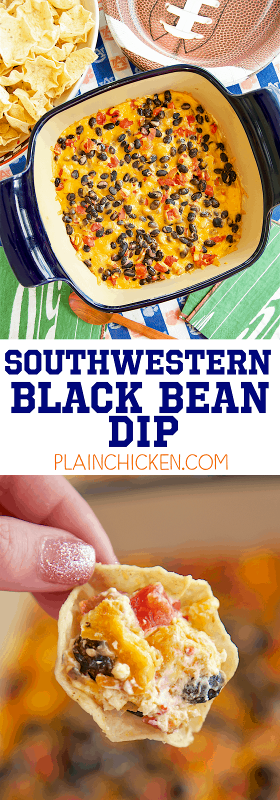 Southwestern Black Bean Dip - CRAZY good! Only 5 ingredients! Cream cheese, taco seasoning, diced tomatoes and green chiles, black beans and cheddar cheese. Always the first thing to go! Can assemble ahead of time and bake when ready to eat. Everyone always asks for the recipe!