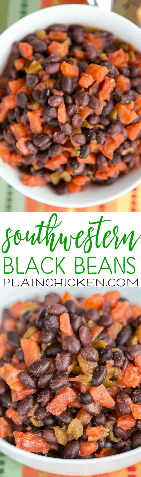 Southwestern Black Beans - only 4 ingredients! Black beans, diced tomatoes and green chiles, chili powder and lime juice. We make them all the time! Ready in 5 minutes!! Such a quick and easy side dish!!
