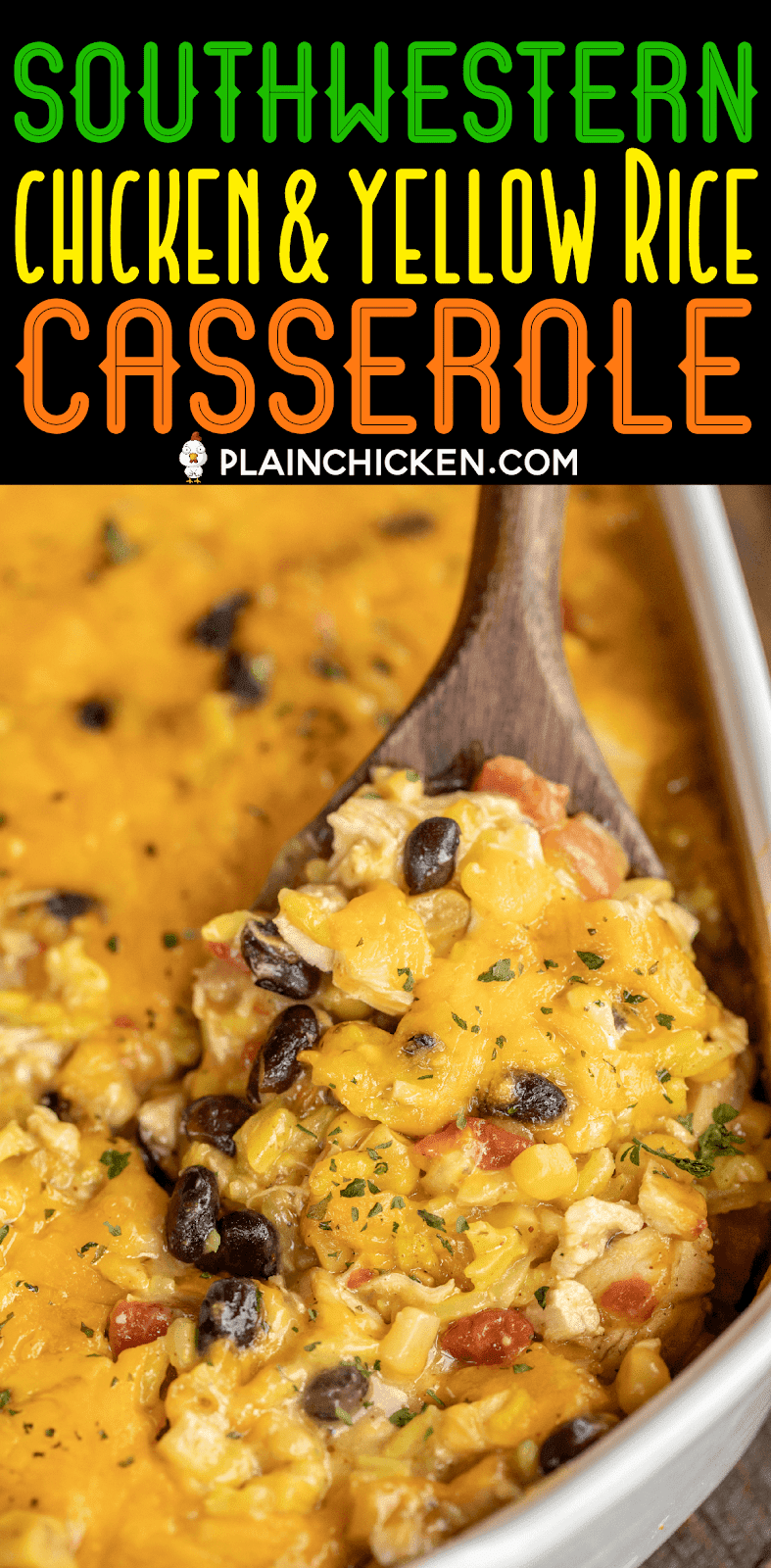 Southwestern Chicken & Yellow Rice Casserole - seriously delicious! We ate this for dinner and reheated for lunch the next day. Chicken, yellow rice, cream of chicken soup, corn, black beans, rotel diced tomatoes and green chiles and cheese.Use a rotisserie chicken and this is ready to bake in minutes. Can make in advance and refrigerate or freeze for later. Everyone LOVES this quick and easy weeknight casserole recipe! #freezermeal #chicken #casserole #mexican #chickencasserole 