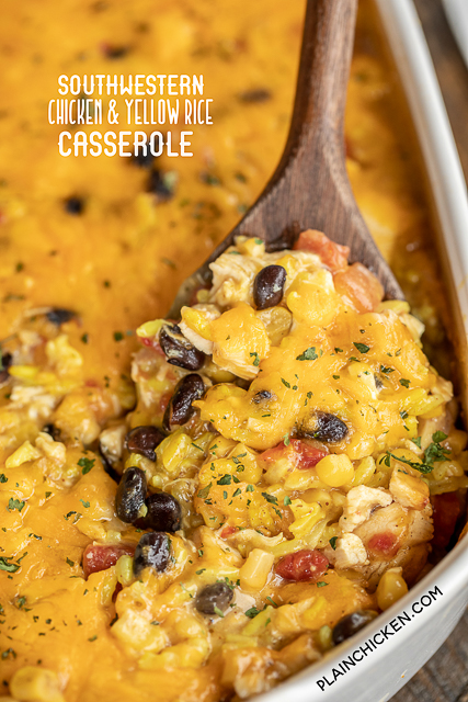 Southwestern Chicken & Yellow Rice Casserole - seriously delicious! We ate this for dinner and reheated for lunch the next day. Chicken, yellow rice, cream of chicken soup, corn, black beans, rotel diced tomatoes and green chiles and cheese.Use a rotisserie chicken and this is ready to bake in minutes. Can make in advance and refrigerate or freeze for later. Everyone LOVES this quick and easy weeknight casserole recipe! #freezermeal #chicken #casserole #mexican #chickencasserole 