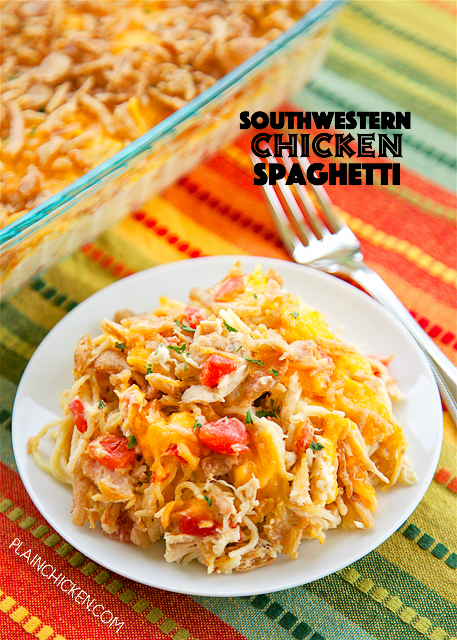 Southwestern Chicken Spaghetti - THE BEST!! Angel hair pasta, chicken, cream of chicken soup, sour cream, onion, garlic, Rotel, cheddar cheese and French fried onions. A new family favorite! Great freezer meal! Always a hit!